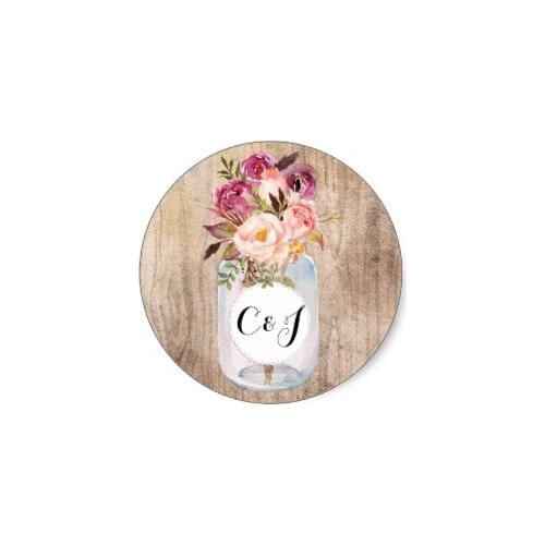 3.8cm Rustic Mason Jar Watercolor Flowers Wood Wedding Classic Round Sticker