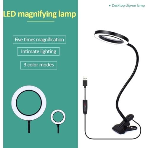 5X USB LED Illuminated Magnifier Flexible Table Clamp Reading/Welding Large Lens Magnifying Glass Top Desk Optical Instruments