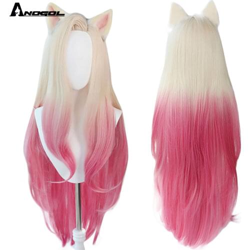 ANOGOL KDA Baddest Ahri Cosplay Wig LOL KDA Cosplay Blonde Mixed Pink Wig with Ears Heat Resistant Synthetic Hair Game for Party