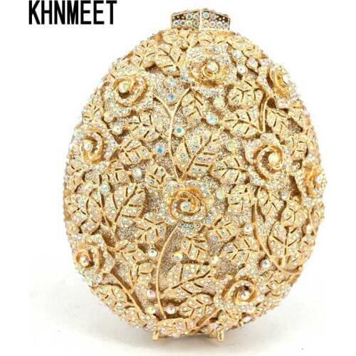 Sparkly Golden AB silver Crystal bag Egg shape Flower Diamond Luxury Evening Bag Women Wedding Party Purse Bling Handbags sc507