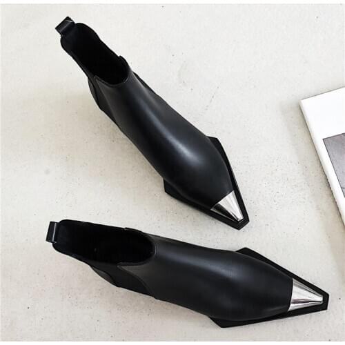 Natural Genuine leather boots women metal pointed toe ladies ankle boots for women square heels spring autumn shoes