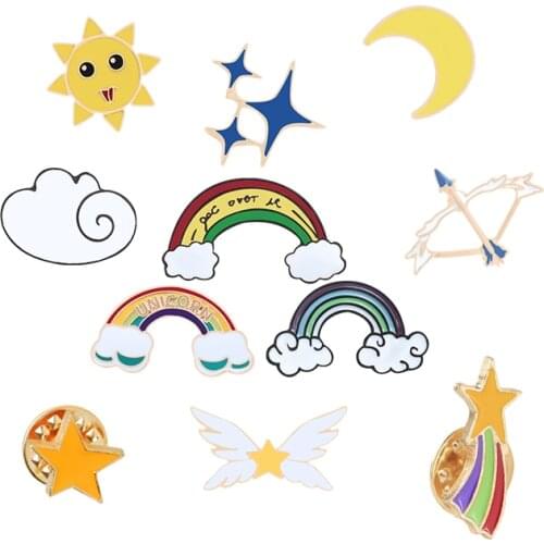 Fashion Color Rainbow Sun Starry Women Cute Cartoon Enamel Metal Brooch Creative Wings Star Hat Jackets Lapel Pin Badge Jewelry