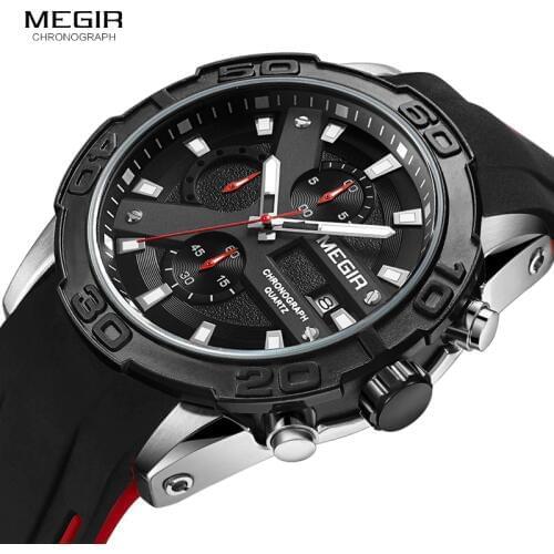 MEGIR Fashion Mens Sports Quartz Watches Luminous Chronograph Analogue Wrist Watch for Man Black Silicone Strap 2055GS-BK-1