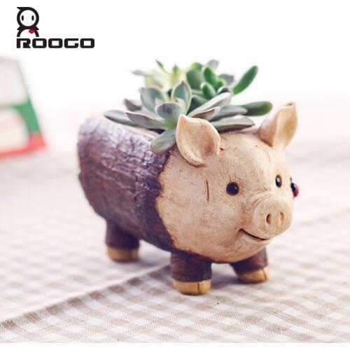 Roogo Creative Pig Design Flowerpot Resin Wood Flower Pots Micro Landscape Ornaments Planter for Home Indoor