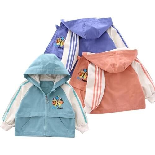 Children Cartoon Embroidered Jacket Boy Striped Outerwear Kids Girl Casual Color Matching Clothes Baby Cute Spring Cotton Top