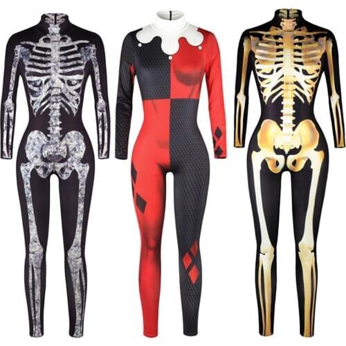 Adult Child Halloween Long Sleeve Scary Skeleton Print Jumpsuit Bodycon Party Costume Bodysuit Bodycon Girls and Boys Party