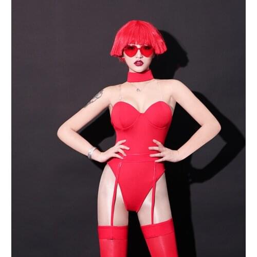 Jazz Dance Costumes Red Sexy Tube Top Jumpsuit Nightclub Singer Dj Women Bodysuit Pole Dancing Clothes Rave Stage Outfit DT1197