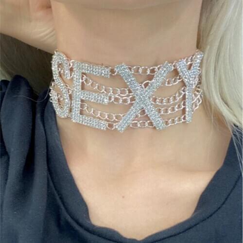 Fashion Rhinestone SEXY Letter Choker Necklace Luxury Crystal Bijoux Femme Bling Glam Sparkly Womens Jewelry Accessories