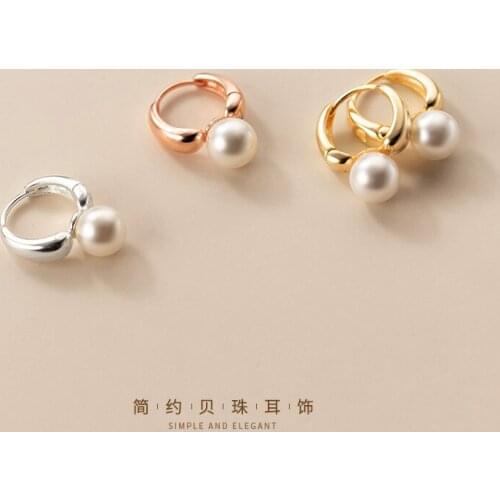 Authentic Real. 925 Sterling Silver jewelry Ear Shell Pearl Circle hoop huggie earrings C-G8950