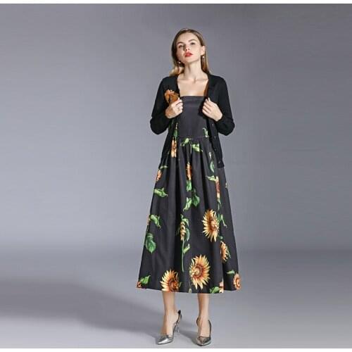 MIUXIMAO 2021 New Autumn Womens Sets Knitted Jacket + Printing Dress Two Piece Suit Fashion Casual
