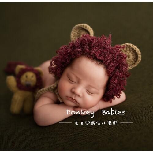 Newborn Boy Lion Bonnet Stuffy Animal Set Photography Props Baby Knit Animal Hat Prop Newborn Doll For Photo Shoot