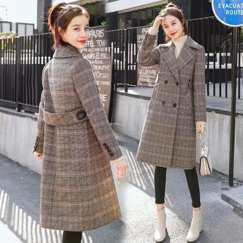 2019 Autumn Winter New Popular Plaid Wool Jacket Slim Women Coat Warm Wool Long Outerwear Double-breasted Female Winter Jackets