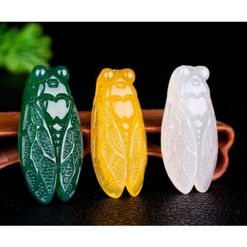 Natural Green Jade Cicada Pendant Necklace Chalcedony Chinese Carved Fashion Charm Jewelry Accessories Amulet for Men Women Gift