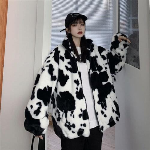 Autumn/Winter Korean College Style Sweet Girl Coat Harajuku Vintage Cow Print High Street Mens And womens Trend Hoodie Tops