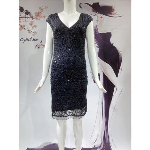 Sexy Luxury Prom Dress 2021 V-Neck Mesh Knee-Length Dress Ladies Sleeveless Slim Sequin Skirt Women Party HO1069