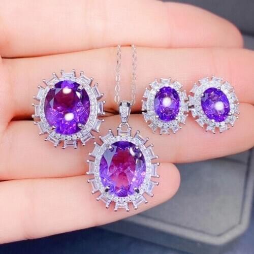 The Best Gift for Anniversary Natural and Real Amethyst Jewelry set 925 sterling silver 1pc Ring,1pc Pendant,2pcs Earring