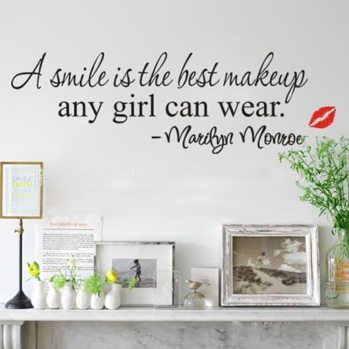 A Smile is the Best Makeup Any Girl Can Wear Marlyn Monore Wall Quote Decal Red Lip Home Decor Wall Poster Wallpaper Decor Mural