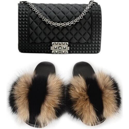 Womens Fox Fur Slippers Girls Cute Furry Shoes Female Fluffy Slides Ladies Flip Flops Jelly Bags Fur Sandals And Purse Sets