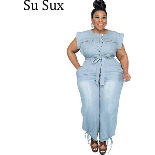 Casual Sleeveless Denim Jumpsuit Women Plus Size 5XL Rompers Jeans O Neck Pocket High Waist Long Pants Overalls 2021 Autumn