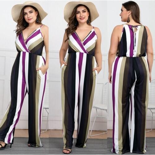 Hot sale large womens deep V sexy suspender stripe thin one-piece Rompers casual Rompers