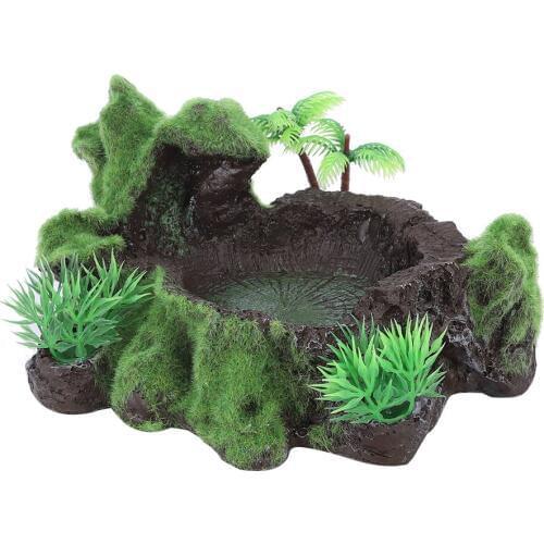 ZR-012 Resin Simulation Plants Fish Tank Lizard Reptile Feeding Bowl Tortoise Food Water Feeder Suitable For Small Reptile