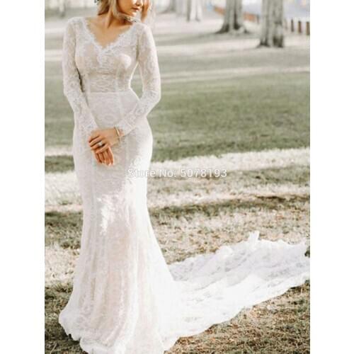 12181 fashion white V-neck full-sleeves mermaid/trumpet floor-length lace long wedding dresses/formal gowns free shipping