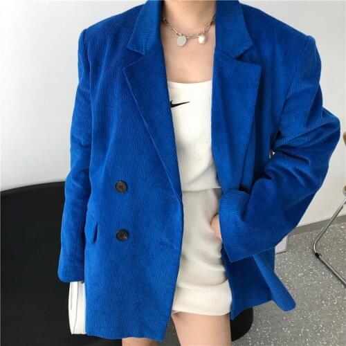2021 Fashion New Ladies Corduroy Blazer Women Korean Loose Royalblue Suit Jacket Chic Streetwear Outwear