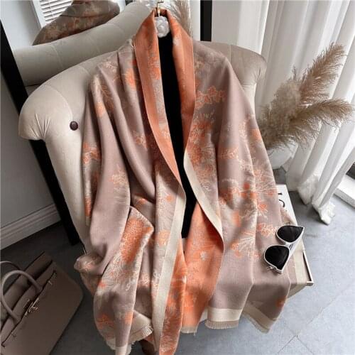 2021 Winter Dual Shawl Cashmere Scarf Women Fashion Floral Pashmina Shawls and Wraps Thick Warm Female Blanket Hijab Poncho