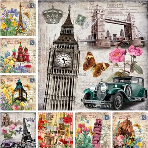 REDIY LADIY 5D Diamond Painting Building & Flowers Needlework Square Drill Diamond Mosaic Rhinestones Pasted Diamond Embroidery