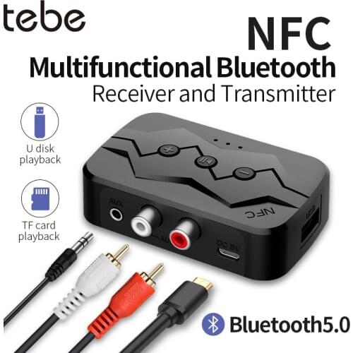 Tebe Bluetooth 5.0 RCA Audio Receiver Transmitter NFC 3.5mm AUX Music Wireless Adapter Support TF/U Disk For Car TV PC Headphone