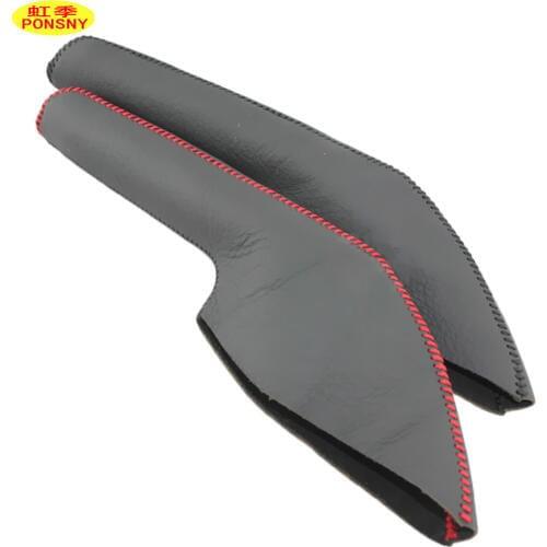 PONSNY Car Handbrake Covers Case for Mazda 2 2007-2012 Auto Handbrake Grips Genuine Leather Black/Red lines