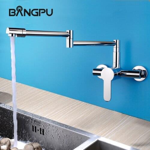 BANGPU Folding Retractable Rotary Stretch Sink Faucet Kitchen Sink Faucet Wall Mounted Kitchen Faucet 2 Holes Kitchen Tap Chrome