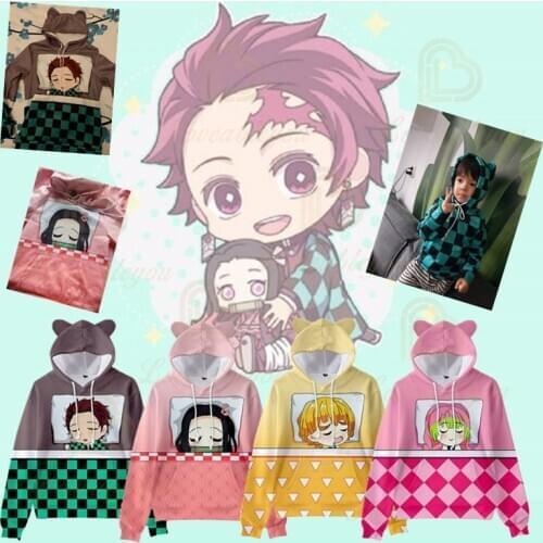 Demon Slayer Kamado Tanjirou Kamado Nezuko Agatsuma Zenitsu Cosplay Cat Ears Hoody Childrens Pullover Hooded Kids Hoodies