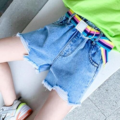Girls Denim Shorts with Belt Rainbow Letter Print Ripped Hole Jeans Shorts Summer Cute Kids Clothes for Teen 6 8 10 12 14 Years