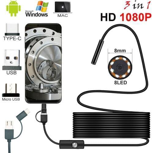 3in1 8mm 8Led Type C Waterproof 1080P Endoscope Camera Inspection 1m 2m 3.5m 5m USB Cable Endoscope Borescope Android Endoscope