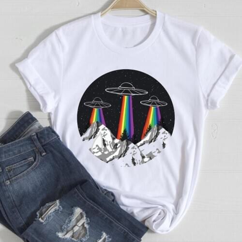 T-shirts Women Cartoon UFO Alien Mountain 2021 New Casual Spring Summer Clothes Graphic Tshirt Top Lady Print Female Tee T-Shirt