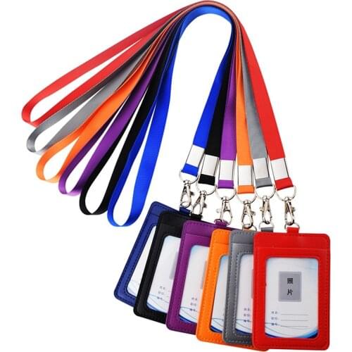 PU Leather Employees Staff Work Card Holder ID Name Tag Bus Card Sleeve with Lanyard Rope Door Identity Badge Holder Cover Case