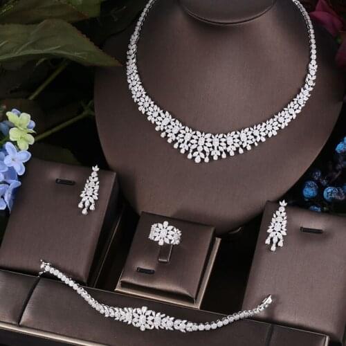 Janekelly 4pcs Bridal Zirconia Full Jewelry Sets For Women Party, Luxury Dubai Nigeria CZ Crystal Wedding necklace sets