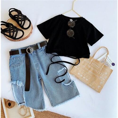 Summer Girls' Clothing Sets Korean Denim Short-sleeved T-shirt+High Waist Skirt 2PCS Baby Kids Clothes Suit Children Clothing