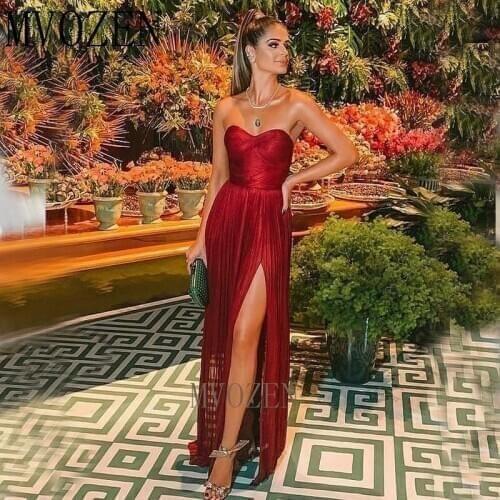 Red Evening Dresses Long Chiffon A-Line Sweetheart High Split Floor Length Formal Evening Dress Party Gowns Vestido de festa Lon