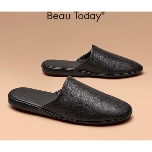 Men Slippers Genuine Cow Leather Indoors Casual Shoes Solid Black Non-Slip Fashion Male Silppers Handmade BeauToday 56501