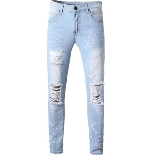 New Blue Ripped Straight Jeans Fashion Loose Micro Elastic Pants Casual Plus Size Mens jeans