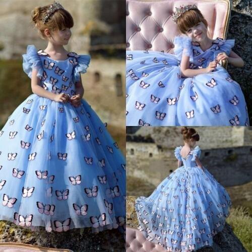 Charming Butterfly Girls Pageant Gowns Light Sky Blue Princess High Low Flower Girl Dress For Wedding Custom Made Baby Birthday