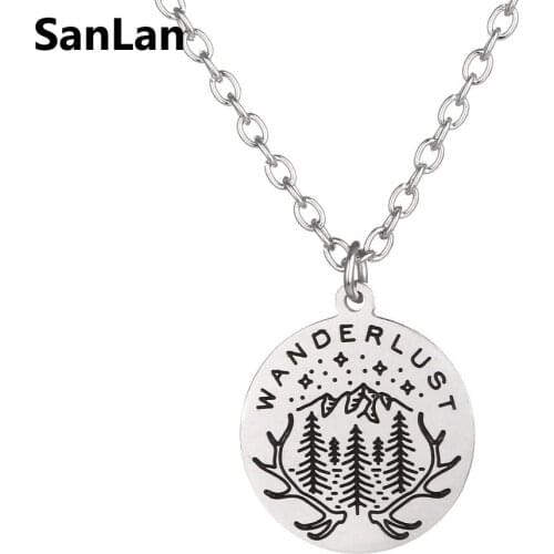 SanLan 1pcs stainless steel Wanderlust Necklace pine tree star mountain Earth Necklace Travel Explore