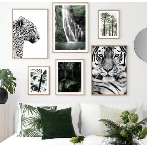 Leopard Tiger Palm Tree leaves Waterfall Nordic Posters And Prints Wall Art Canvas Painting Wall Pictures For Living Room Decor