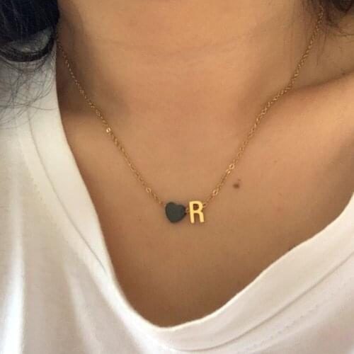 Simple Glossy Alphabet Initial ABC Pendants Charm Choker Cute Stainless Steel Black Heart Necklace for Women Collar Jewelry