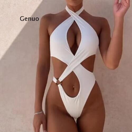 Sexy High Cut Leg One Piece Swimsuit Women Solid White Cut Out Push Up Backless Thong Swimwear High Neck Bathing Suit Monokini