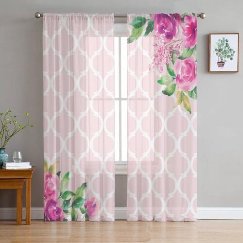 Spring Pink Flower Moroccan Pattern Voile Tulle Sheer Curtains for Bedroom Living Room Kitchen Decor Chiffon Windows Curtain