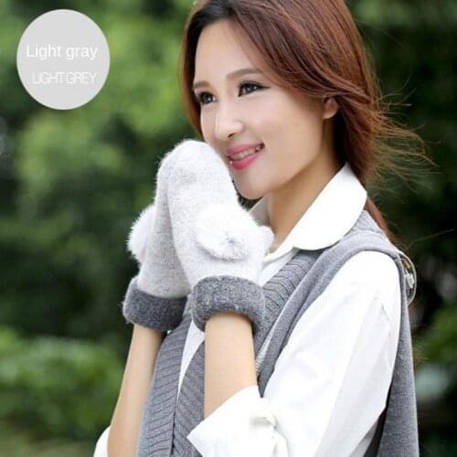 Ladies Autumn and Winter Wool Gloves Super Thick Warmth Fashion Rabbit Fur Ball Double Thick Mitten Knitted Gloves