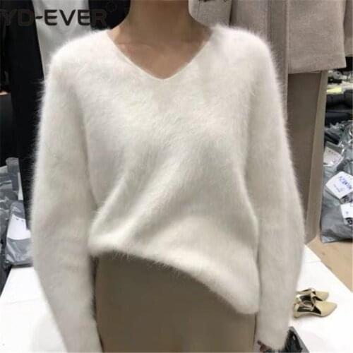 New 2020 Spring Fall Womens Sweaters Pullover Plush V-Neck Loose Korean Style Minimalist Casual Solid Tops SW5230